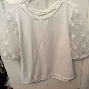 Grace + Emma Elegant White Blouse with Floral Sleeves